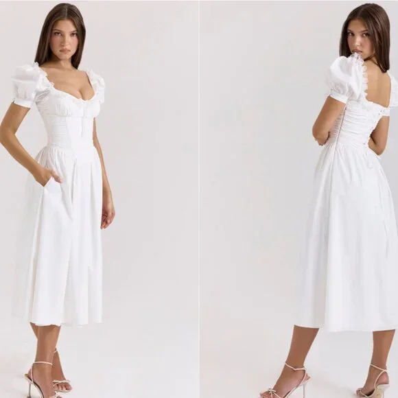 House of CB 'Lulabell' White Stretch Cotton Puff Sleeve Midi Dress NWOT - Picture 3 of 7